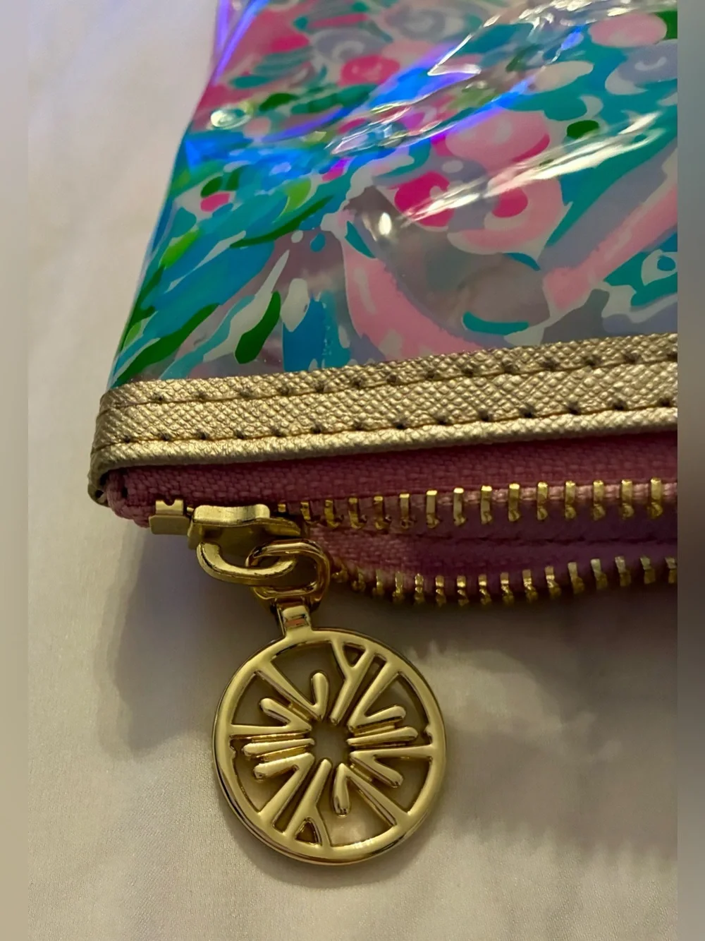 Lilly Pulitzer Pink Teal Floral Clear Beach Bag Set with Gold Trim - 5 pieces